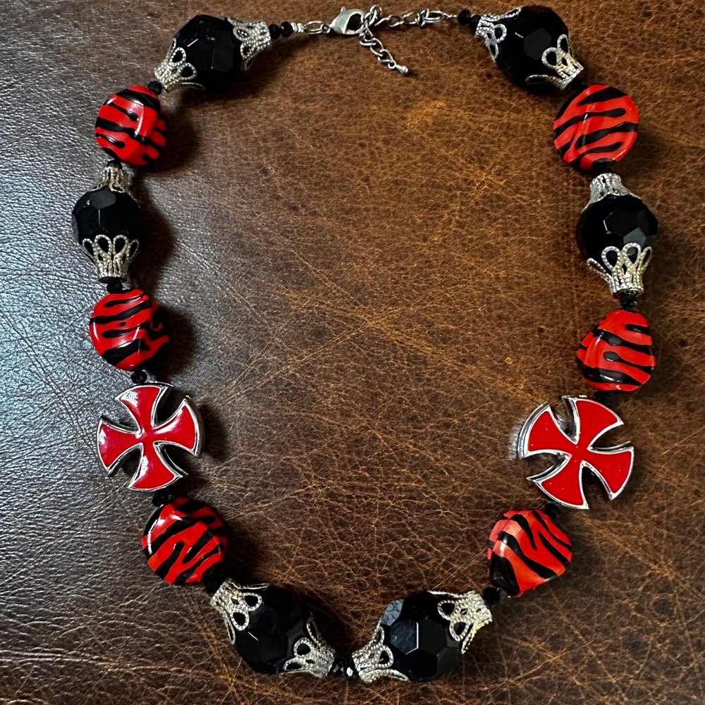 Black and with Red metal crosses Statement Necklace